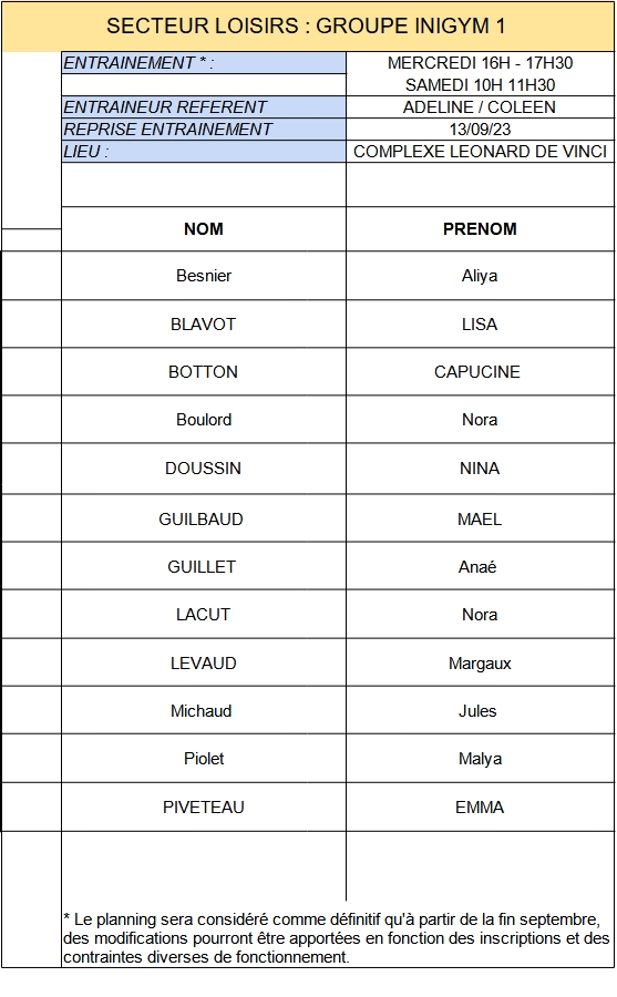 INIGYM 1 GROUPES DENTRAINEMENT