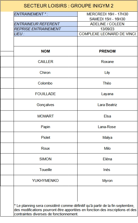 INIGYM 2 GROUPES DENTRAINEMENT