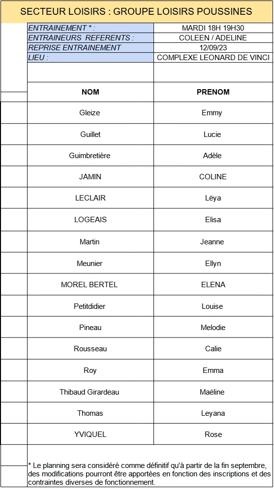 LOISIRS POUSSINES 1 GROUPES DENTRAINEMENT