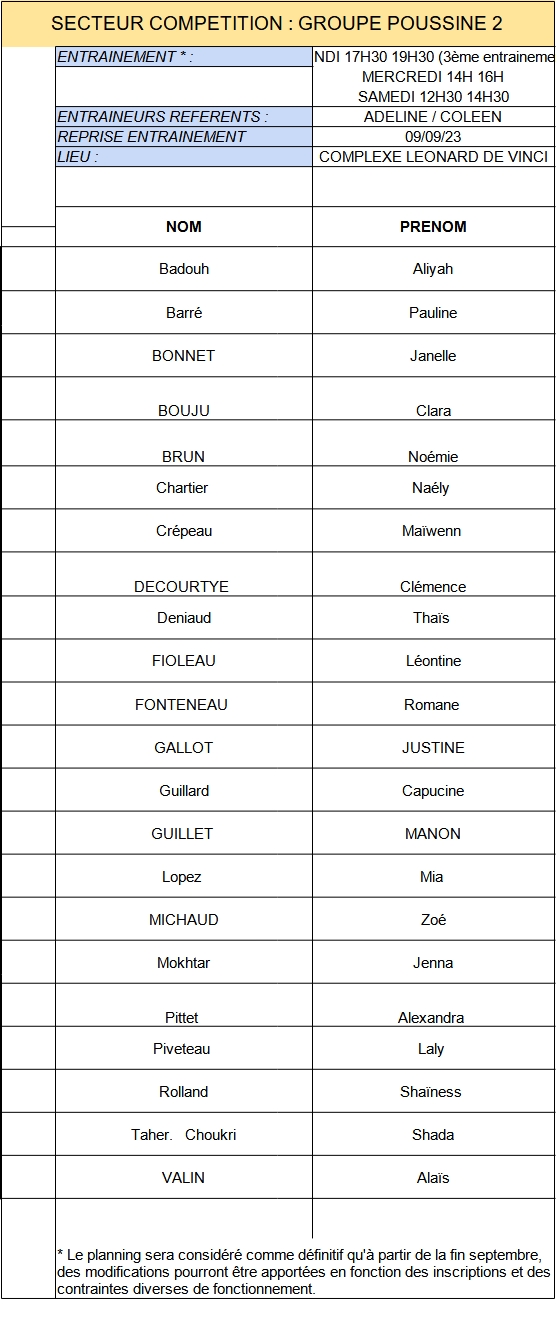 POUSSINE 2 GROUPES DENTRAINEMENT