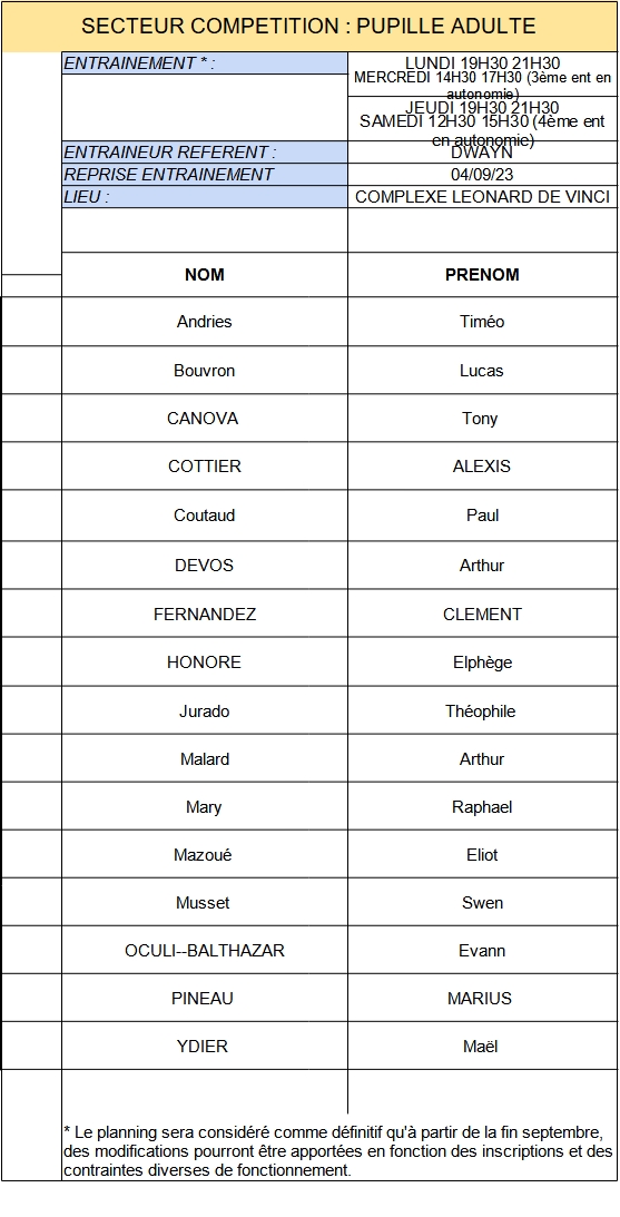 PUPILLE ADULTE GROUPES DENTRAINEMENT