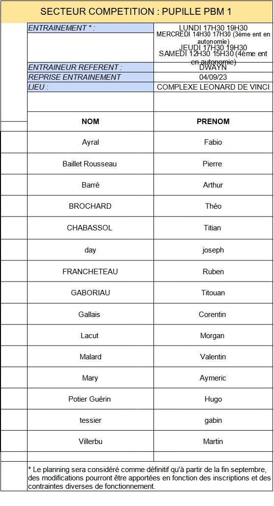 PUPILLE PBM 1 GROUPES DENTRAINEMENT